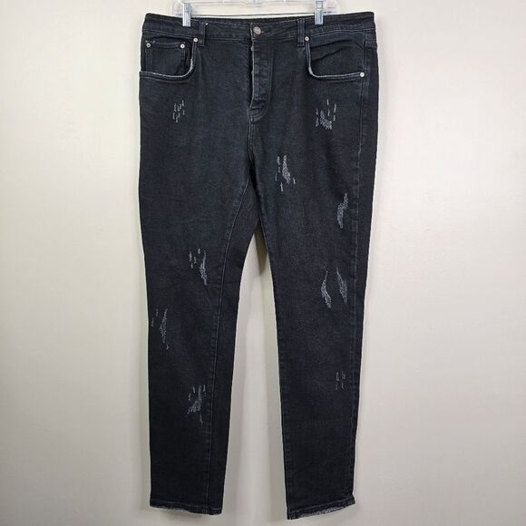 Half Evil 333 Button Fly Distressed 5 Pocket Style Jeans 40x32 - Picture 2 of 10